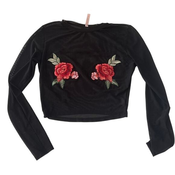 Y2K Sheer Mesh Rose Embroidered Long Sleeve Top M - Picture 1 of 5